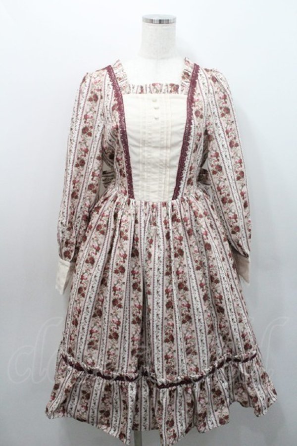 画像1: axes femme kawaii / ストライプローズ柄ワンピース  アイボリーＸ赤 I-26-01-08-064-AX-OP-SA-ZI (1)