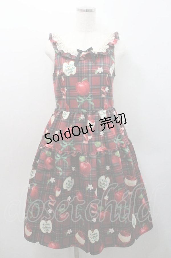 画像1: Emily Temple cute / タータンRibbonAppleノースリーブワンピース  赤チェック I-26-01-08-066-ET-OP-SA-ZI (1)