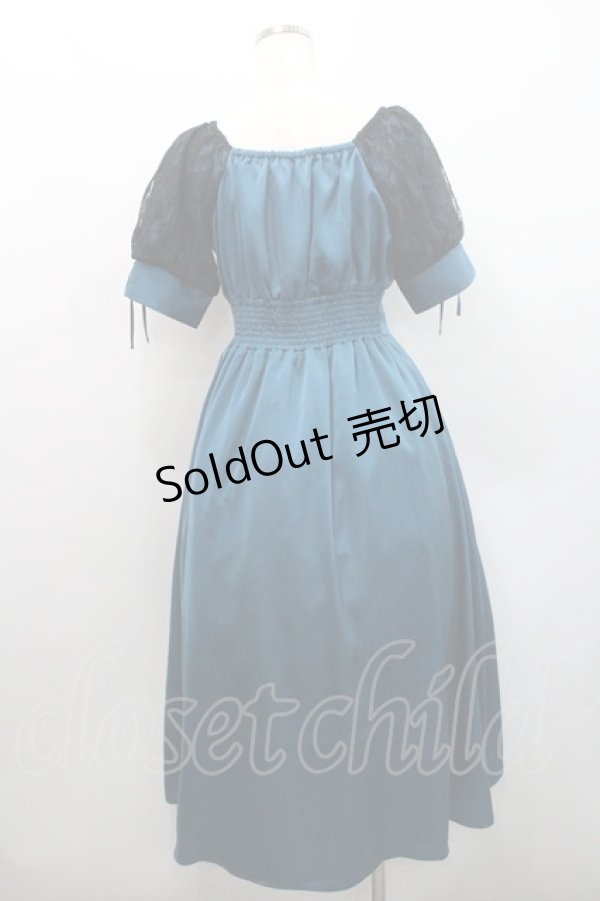 画像2: axes femme / レース袖スクエアネックワンピース  青Ｘ黒 I-26-01-08-072-AX-OP-SA-ZI (2)