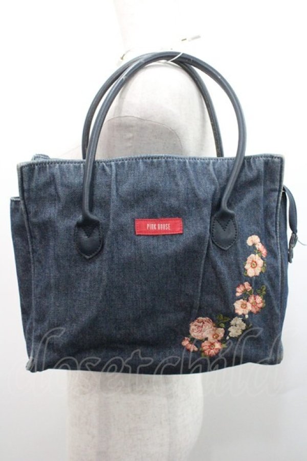 画像1: PINK HOUSE / フラワー刺繍デニムバッグ  ネイビー I-26-01-08-108-LO-BG-SA-ZI (1)