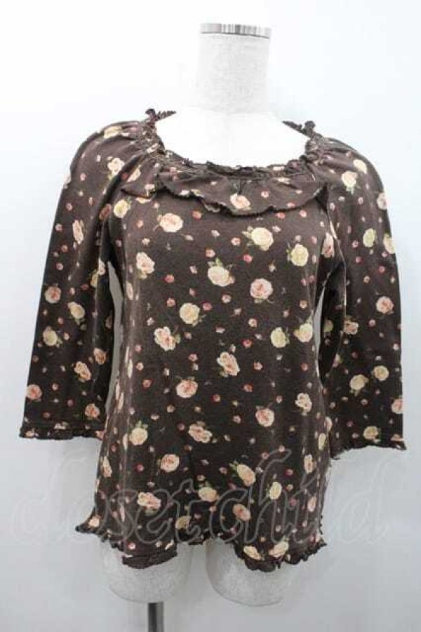 画像1: PINK HOUSE / 薔薇柄胸元ハシゴレース五分袖トップス L ブラウン I-26-01-10-034-LO-TO-SA-ZI (1)