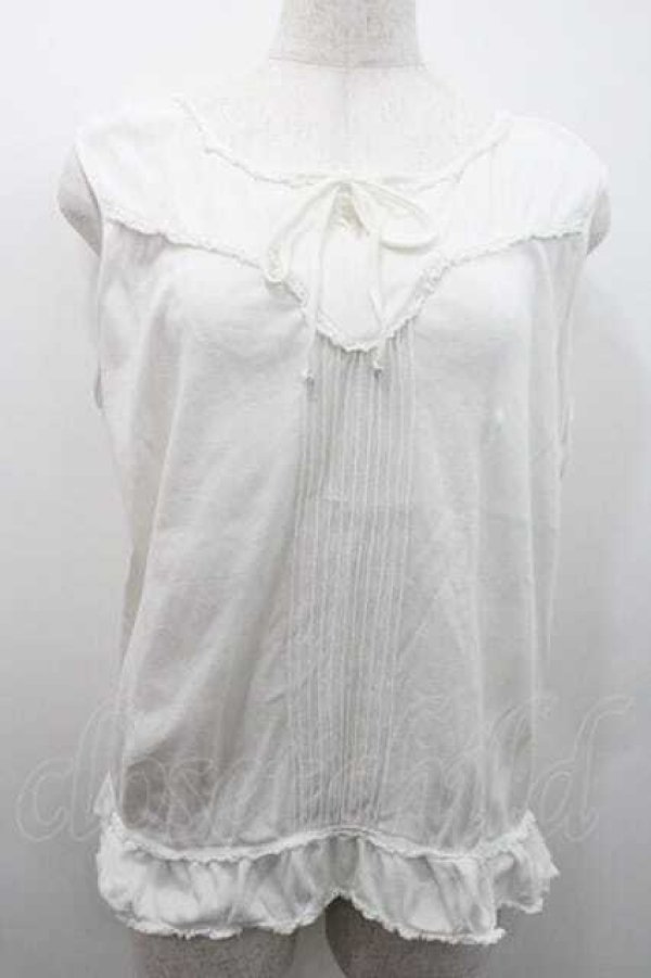 画像1: PINK HOUSE / 胸元切替&縦ピンタックノースリーブトップス L ホワイト I-26-01-10-043-LO-TO-SA-ZI (1)