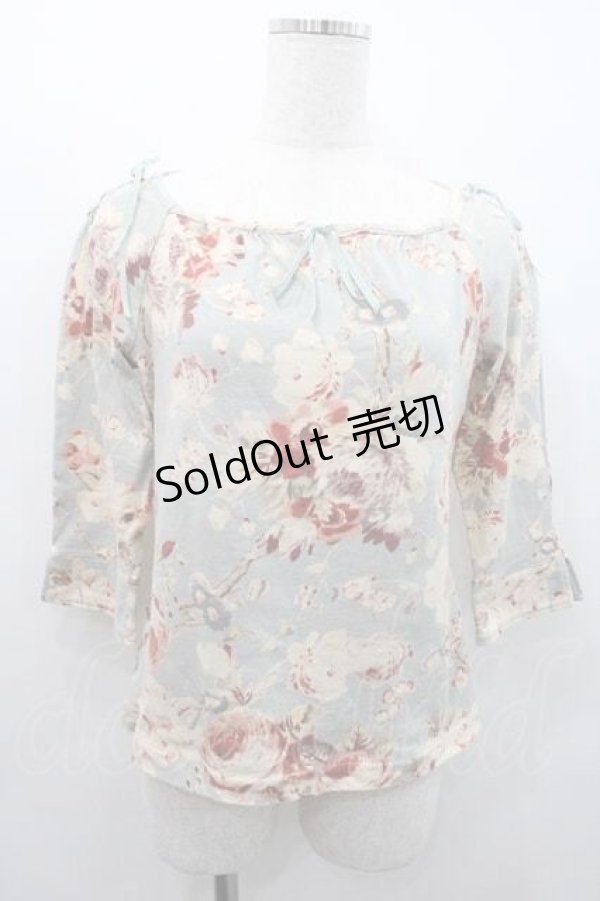 画像1: INGEBORG / 花柄リボン結び五分袖トップス M サックス I-26-01-10-045-LO-TO-SA-ZI (1)