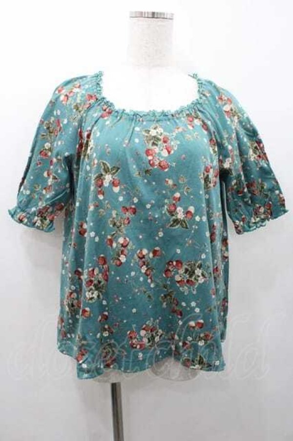 画像1: PINK HOUSE / 苺柄襟元レーストップス L グリーン I-26-01-10-047-LO-TO-SA-ZI (1)