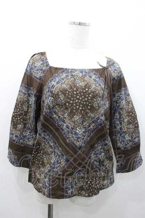 画像1: INGEBORG / スカーフパッチワーク柄スクエアネックブラウス M ブラウン I-26-01-10-058-LO-BL-SA-ZI (1)