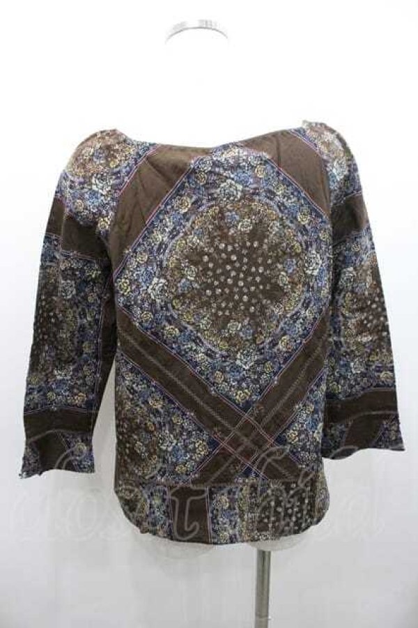 画像2: INGEBORG / スカーフパッチワーク柄スクエアネックブラウス M ブラウン I-26-01-10-058-LO-BL-SA-ZI (2)