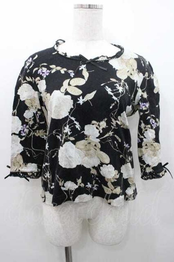 画像1: INGEBORG / 花柄五分袖トップス Ｍ ブラック I-26-01-10-059-LO-TO-SA-ZI (1)