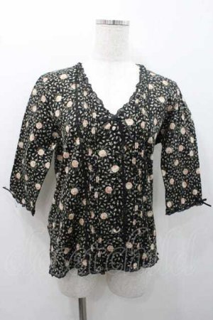 画像: PINK HOUSE / 薔薇柄Vネック五分袖カットソーカーディガン L ブラック I-26-01-10-060-LO-TO-SA-ZI