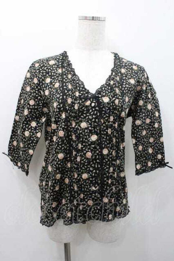 画像1: PINK HOUSE / 薔薇柄Vネック五分袖カットソーカーディガン L ブラック I-26-01-10-060-LO-TO-SA-ZI (1)