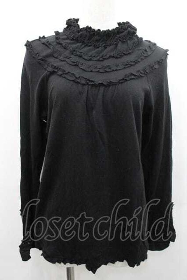画像1: PINK HOUSE / ハイネックフリル長袖カットソー  黒 I-26-01-10-067-LO-TO-SA-ZI (1)