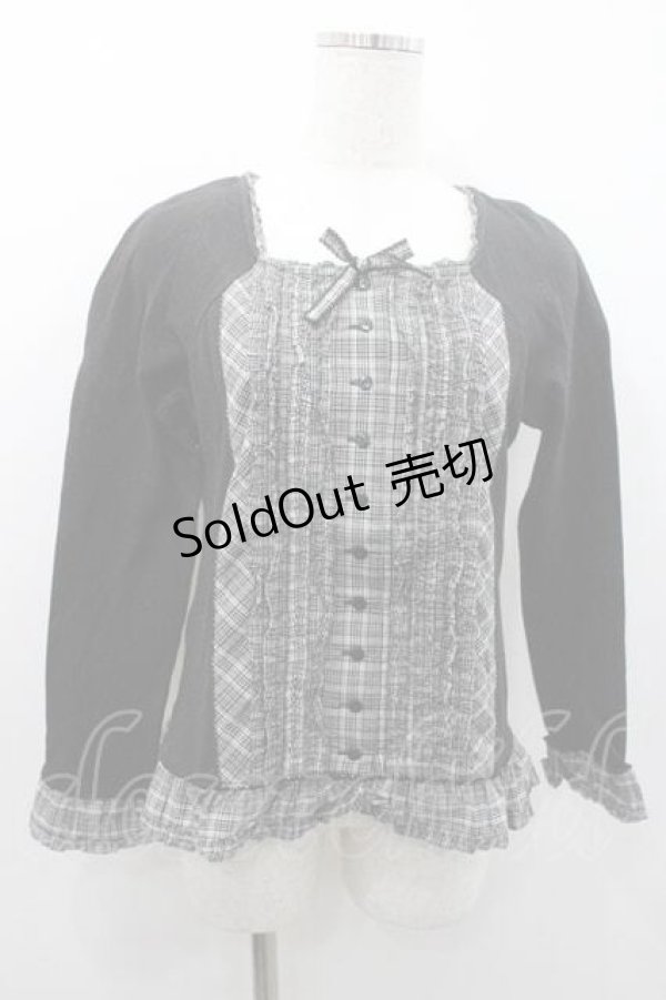 画像1: PINK HOUSE / ラグランスリーブフリルカットソー  黒Ｘチェック I-26-01-10-072-LO-TO-SA-ZI (1)