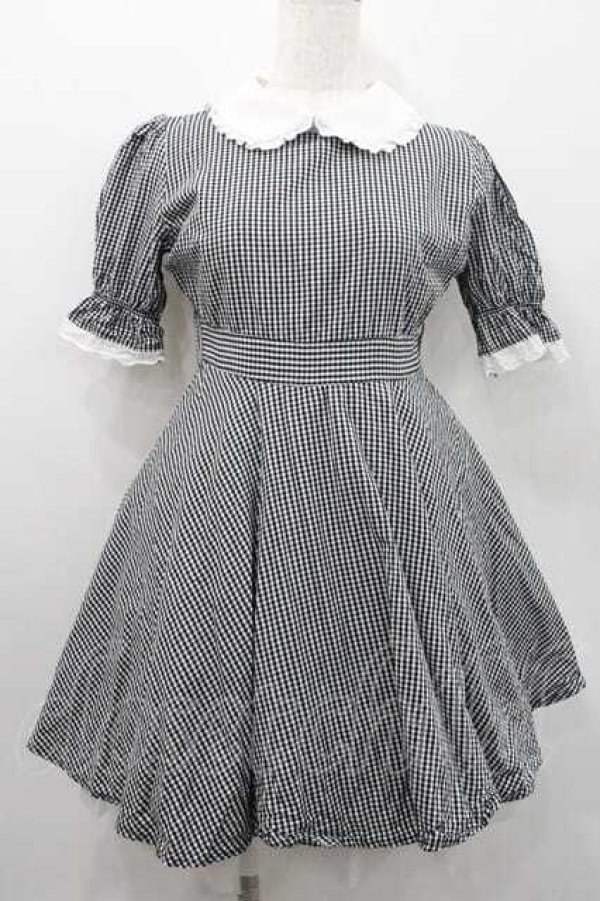 画像1: evelyn / コットンレース丸襟ギンガムワンピース  黒Ｘ白チェック I-26-01-10-082-LO-OP-SA-ZI (1)