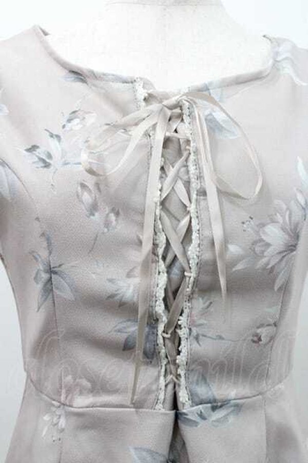 画像3: evelyn / フラワープリント編み上げリボンノースリーブワンピース  ピンクベージュ I-26-01-10-083-LO-OP-SA-ZI (3)