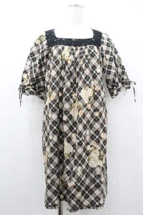 画像1: PINK HOUSE / チェック薔薇柄スクウェアネックチュニックワンピース  ブラウン I-26-01-10-099-LO-OP-SA-ZI (1)