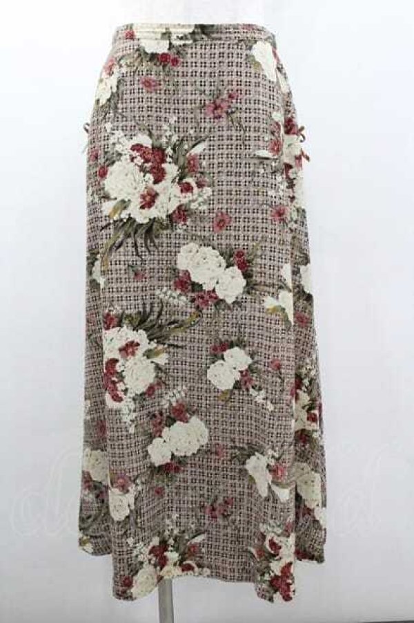 画像1: INGEBORG / チェック&ブーケ柄ポケットリボンスカート L グレー I-26-01-10-116-LO-SK-SA-ZI (1)