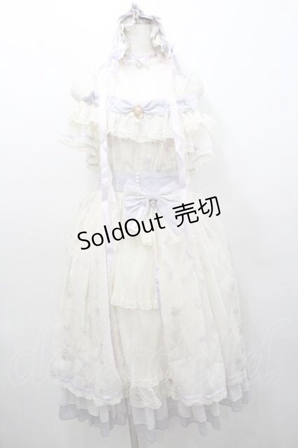 画像1: Bramblerose / リボンフラワーレースボリュームジャンパースカートセット  白ＸサックスＸラベンダー I-26-01-13-055-0-OP-SA-ZI (1)