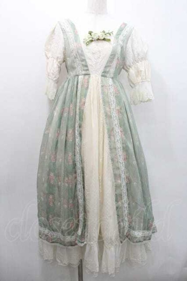 画像1: Miss Point / 薔薇プリントチュール重ね半袖ワンピース S グリーンＸアイボリー I-26-01-13-056-0-OP-SA-ZI (1)