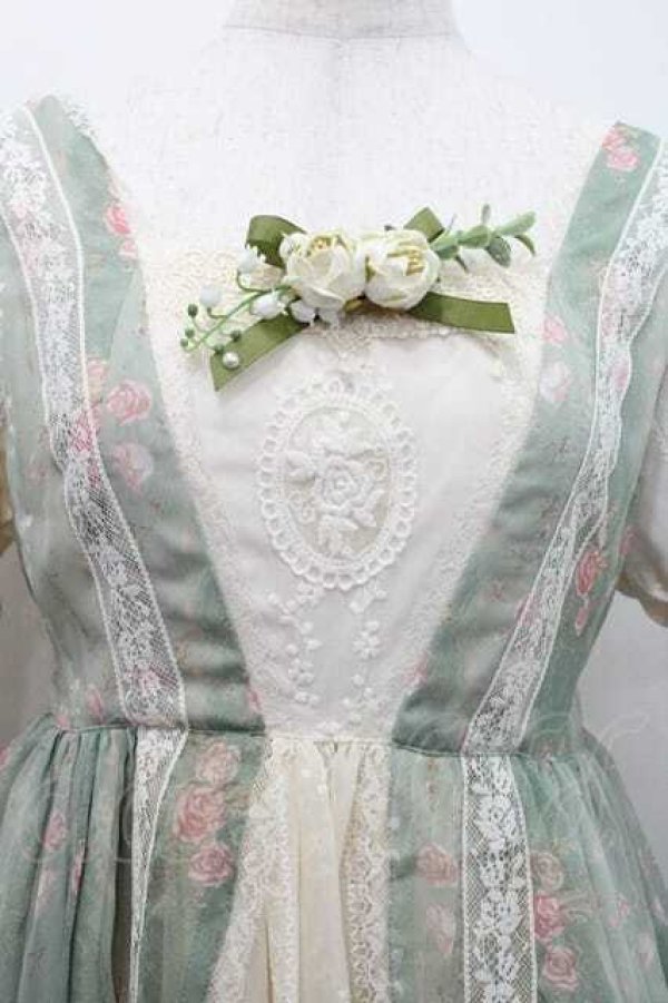 画像3: Miss Point / 薔薇プリントチュール重ね半袖ワンピース S グリーンＸアイボリー I-26-01-13-056-0-OP-SA-ZI (3)