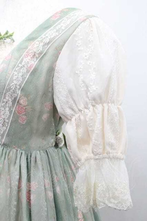 画像4: Miss Point / 薔薇プリントチュール重ね半袖ワンピース S グリーンＸアイボリー I-26-01-13-056-0-OP-SA-ZI (4)