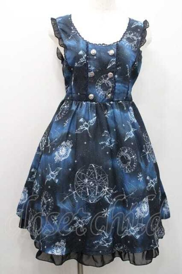 画像1: axes femme / 天体柄Wボタン使いワンピース Ｍ ネイビー I-26-01-13-065-AX-OP-TE-ZI (1)