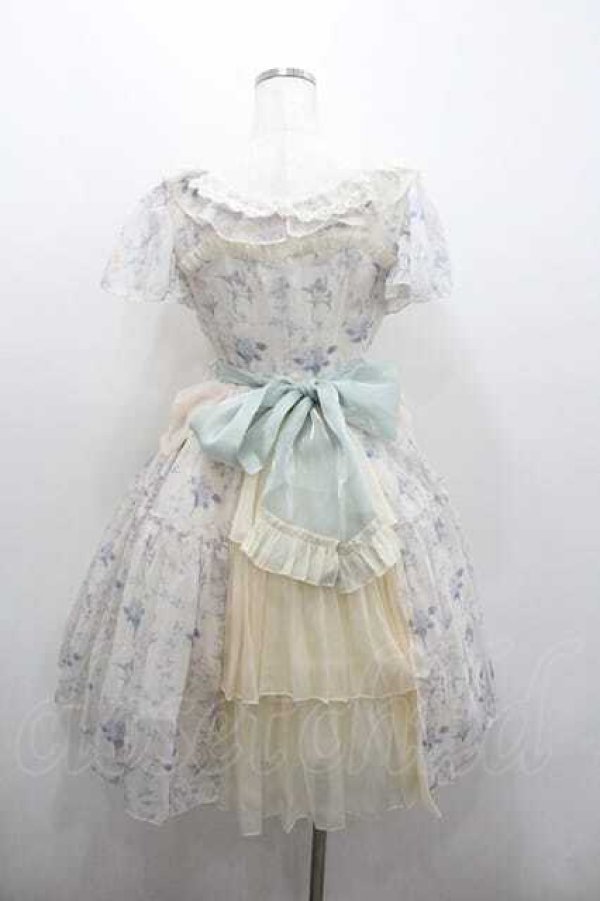 画像2: With Puji / フラワープリントシフォン&リボンワンピース M アイボリーＸグリーン I-26-01-13-034-EL-OP-SA-ZI (2)