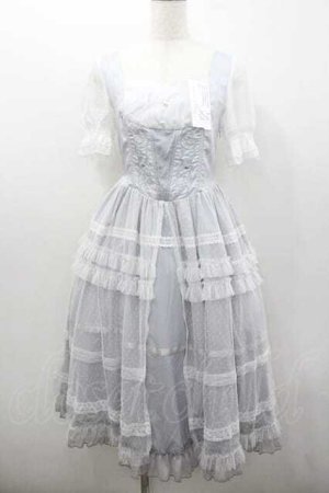 画像: 来信与詩 / 縦薔薇刺繍ドットチュール重ね半袖ワンピース M サックスＸ白 I-26-01-13-035-0-OP-SA-ZI