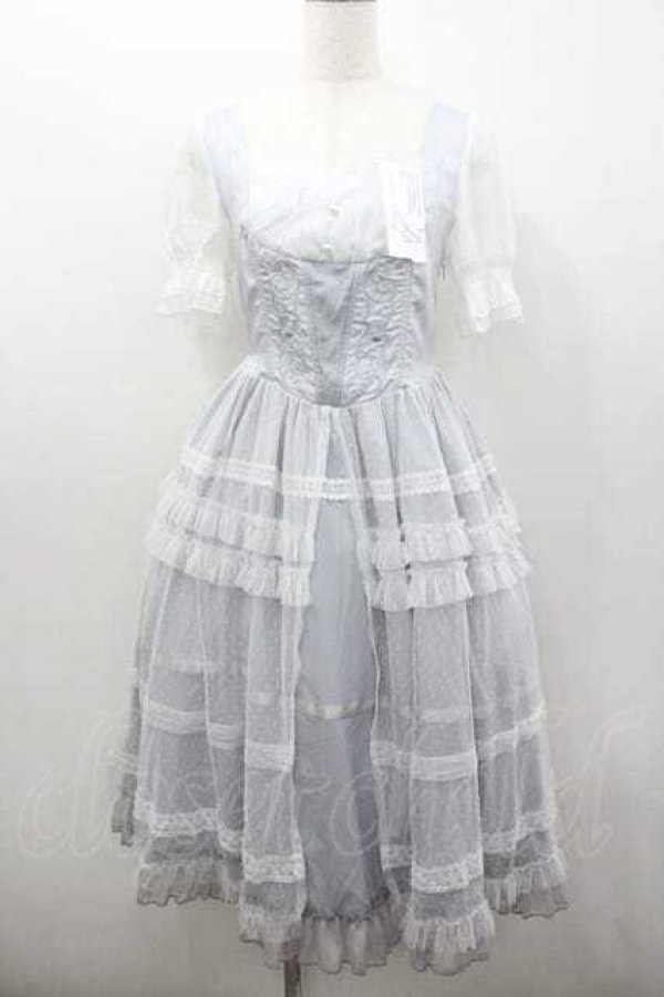 画像1: 来信与詩 / 縦薔薇刺繍ドットチュール重ね半袖ワンピース M サックスＸ白 I-26-01-13-035-0-OP-SA-ZI (1)