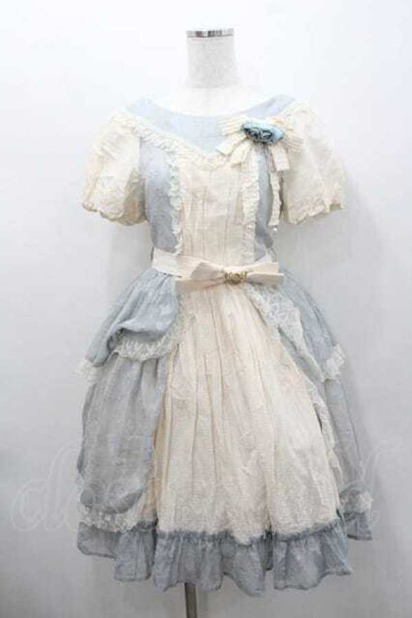 画像1: Nyanya / フラワーチュール重ね半袖ワンピース M 青Ｘ生成り I-26-01-13-042-EL-OP-SA-ZI (1)