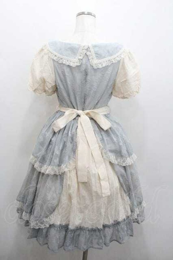 画像2: Nyanya / フラワーチュール重ね半袖ワンピース M 青Ｘ生成り I-26-01-13-042-EL-OP-SA-ZI (2)