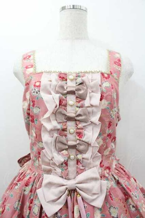 画像2: metamorphose / 【プラスサイズ】和柄ジャンパースカート＆リボンクリップセット（和花総柄） 2 ピンク I-26-01-15-047-ME-OP-SA-ZI (2)