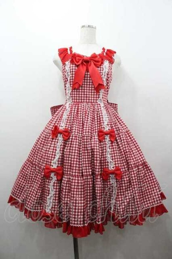 画像1: metamorphose / Fluffyフリルティアードジャンパースカート(ギンガム)  赤ギンガム I-26-01-15-048-ME-OP-SA-ZI (1)