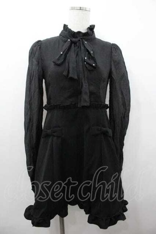 画像1: Ank Rouge / ストーンリボンタイ長袖ワンピース  黒 I-26-01-15-056-CA-OP-SA-ZI (1)