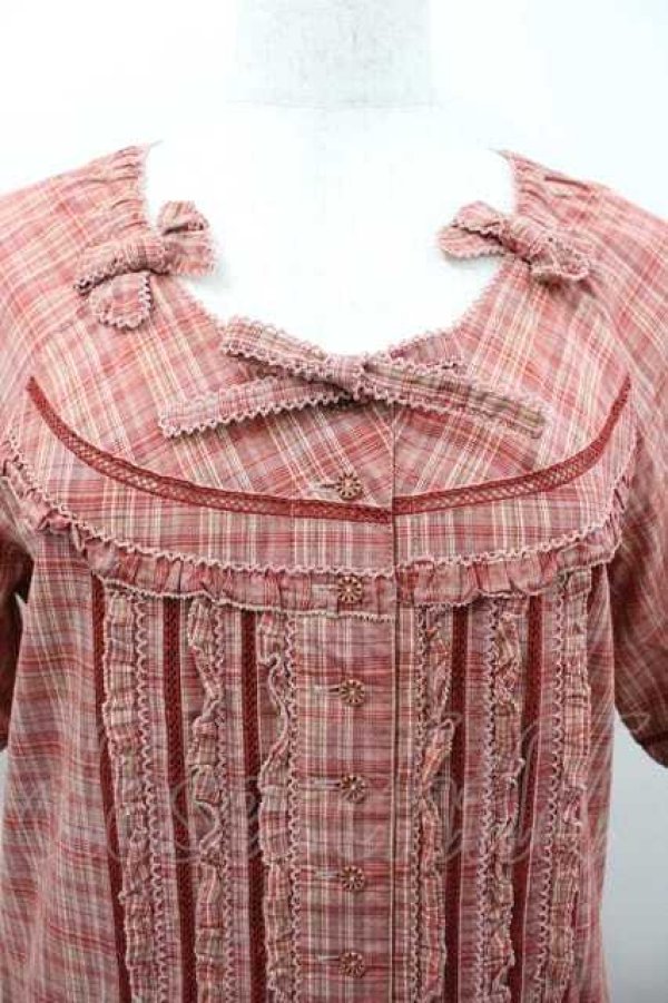 画像3: PINK HOUSE / チェックハートワッペンリボン半袖ワンピース  ピンクチェック I-26-01-15-079-LO-OP-SA-ZI (3)