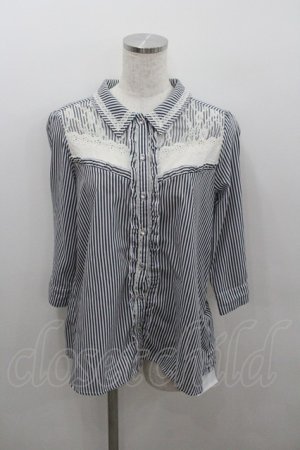 画像: axes femme / レース切り替えロールアップシャツ  紺Ｘ白 I-26-01-22-007-0-BL-SA-ZI