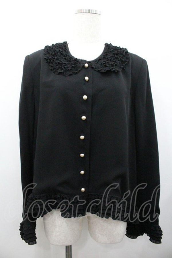 画像1: KANEKO ISAO / ピコフリル襟袖付きパールボタンジャケット  ブラック I-26-01-24-039-EL-JA-SA-ZI (1)