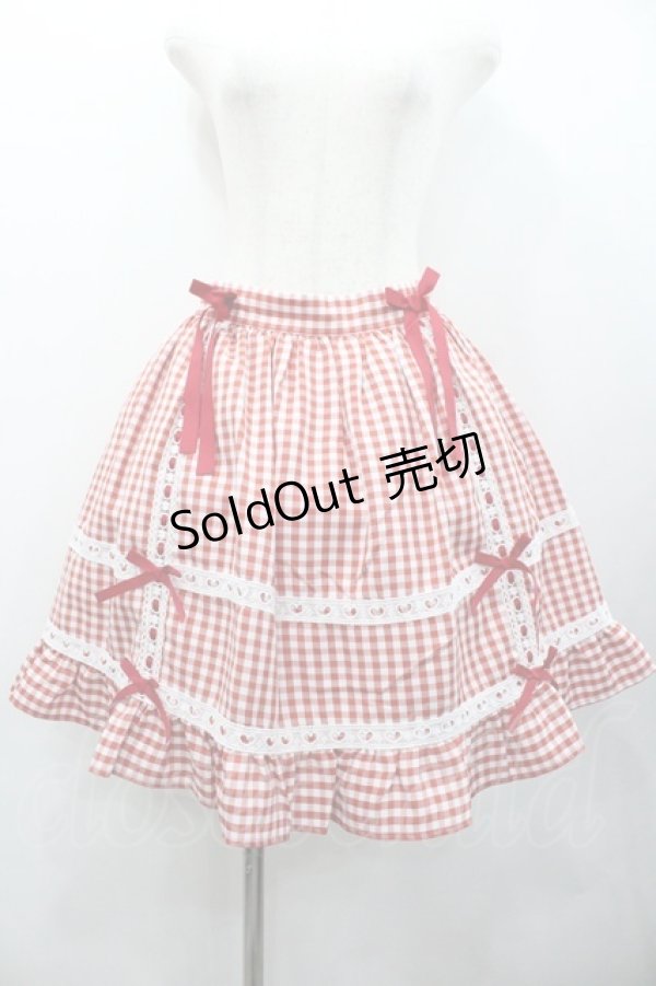画像1: DearMyLove / はしごレースサス付きフリルリボンスカート LL 赤Ｘ白チェック I-26-01-24-076-EL-SK-SA-ZI (1)