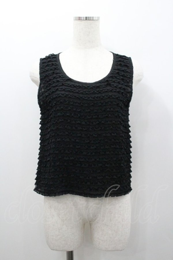 画像1: KANEKO ISAO / ピコフリルボーダーシフォンノースリーブブラウス  ブラック I-26-01-24-018-EL-BL-SA-ZI (1)