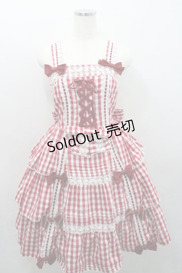 画像1: metamorphose / ３段フリルジャンパースカート（ギンガム）  赤×白 I-26-01-29-030-ME-OP-TE-ZI (1)