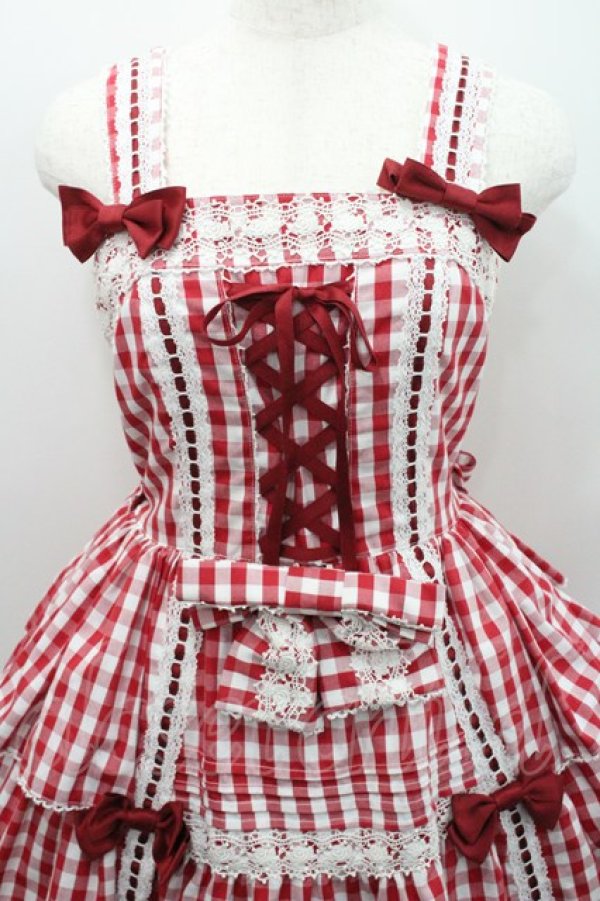 画像3: metamorphose / ３段フリルジャンパースカート（ギンガム）  赤×白 I-26-01-29-030-ME-OP-TE-ZI (3)