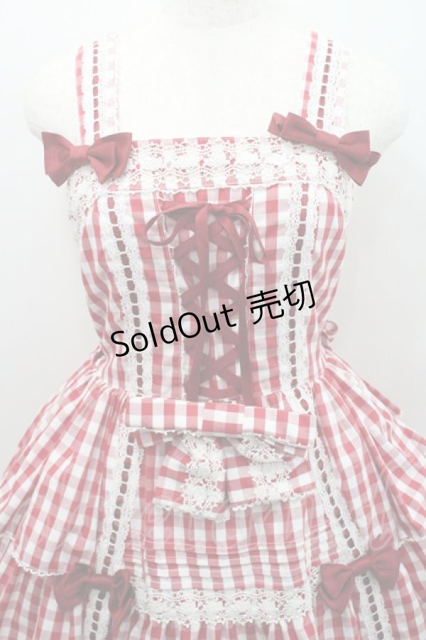 画像3: metamorphose / ３段フリルジャンパースカート（ギンガム）  赤×白 I-26-01-29-030-ME-OP-TE-ZI (3)