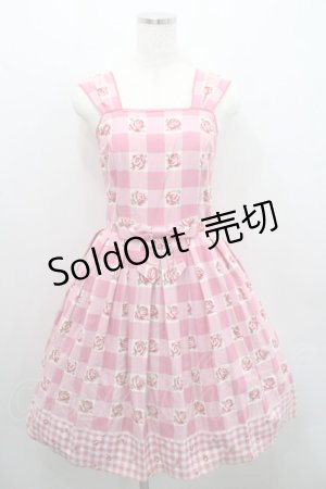 画像: Emily Temple cute / ブロックチェックバラプリントジャンパースカート  ピンク I-26-01-29-032-ET-OP-TE-ZI