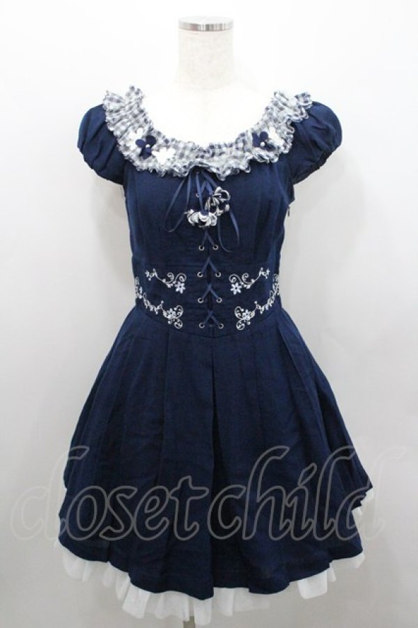 画像1: Secret Honey / お花モチーフ編み上げワンピース 2 ネイビー I-26-01-29-068-CA-OP-TE-ZI (1)