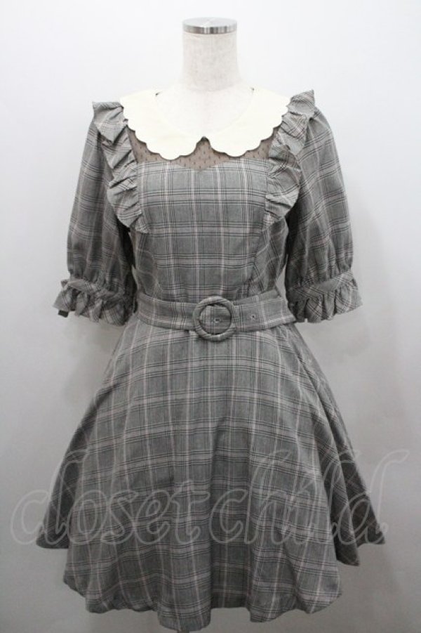 画像1: Secret Honey / スカラップ襟グレンチェック半袖ワンピース 2 グレー×ピンク I-26-01-29-080-CA-OP-TE-ZI (1)