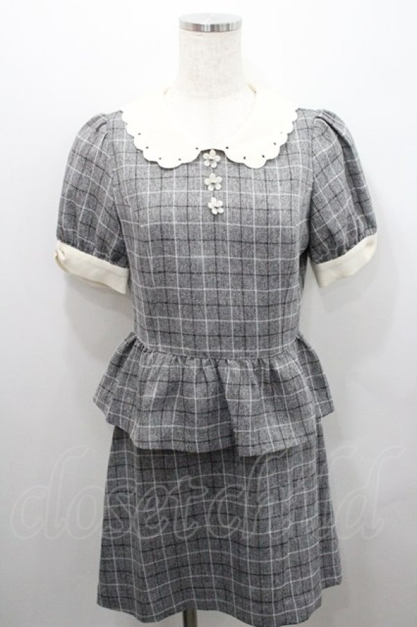 画像1: Secret Honey / お花ボタンチェック柄セットアップ 2 グレー I-26-01-29-081-CA-OP-TE-ZI (1)