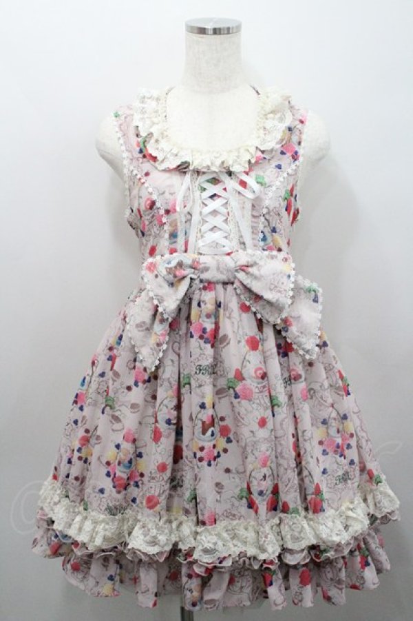 画像1: FRILL / ローズ&スウィーツプリントジャンパースカート  ピンク I-26-01-29-084-HN-OP-SA-ZI (1)