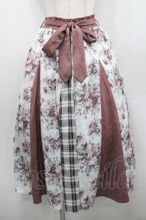 画像1: axes femme / 花柄×チェック柄切替スカート  白Ｘピンク I-26-01-29-093-AX-SK-SA-ZI (1)