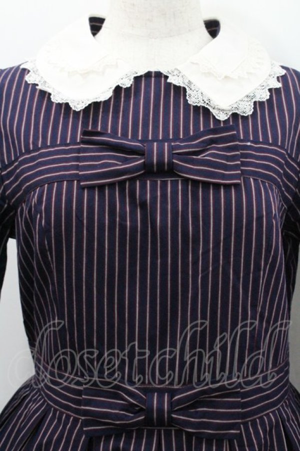 画像3: Melody BasKet / ダブルリボンレジメンタルストライプワンピース  ネイビー I-26-01-31-066-LO-OP-SA-ZI (3)