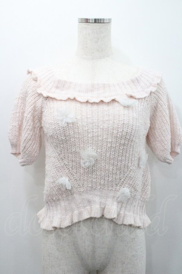 画像1: LIZ LISA / フラワーモチーフ付き半袖パフスリーブニットトップス  ピンク I-26-01-31-008-LO-TO-SA-ZI (1)