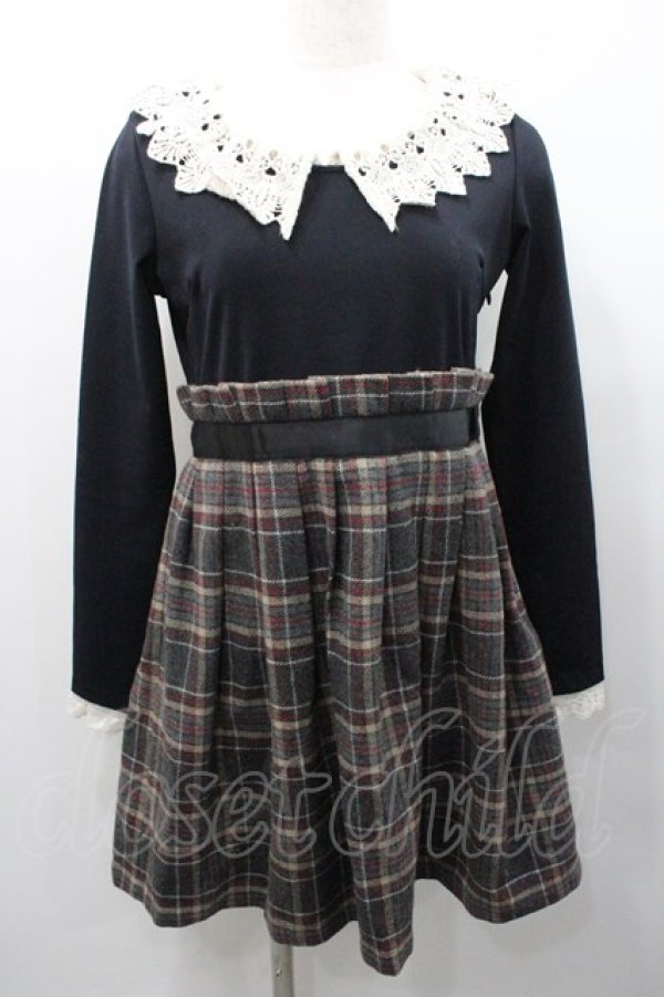 画像1: Ank Rouge / タータンチェック切り替え長袖ワンピース  黒ｘグレーチェック I-26-01-31-069-CA-OP-SA-ZI (1)