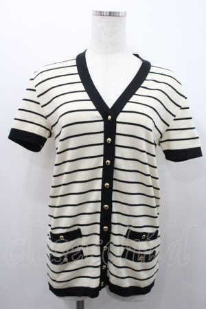画像: INGEBORG / ストライプ半袖カーディガン  アイボリー×ブラック I-26-01-31-024-LO-TO-SA-ZI